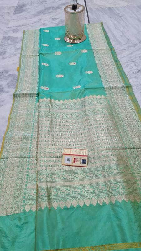 Pure Banarasi Handloom Khaddi Katan Silk Saree in Aquamarine - Saree - FashionVibes