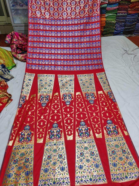 Pure Banarasi Handloom Lehenga in Red - Lehenga - FashionVibes