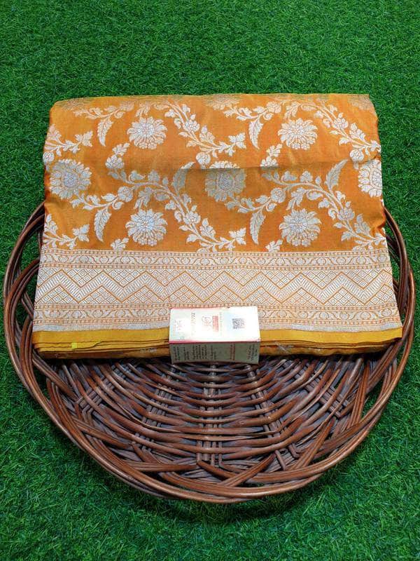 Pure Banarasi Katan Silk Saree in Orange - Saree - FashionVibes