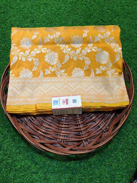 Pure Banarasi Katan Silk Saree in Yellow - Saree - FashionVibes