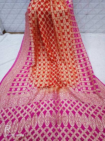 Pure Banarasi Khaddi Chiffon Georgette bandhini print Saree in Red and Pink - Saree - FashionVibes