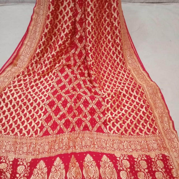Pure Banarasi Khaddi Chiffon Georgette bandhini print Saree in Red Criss cross - Saree - FashionVibes