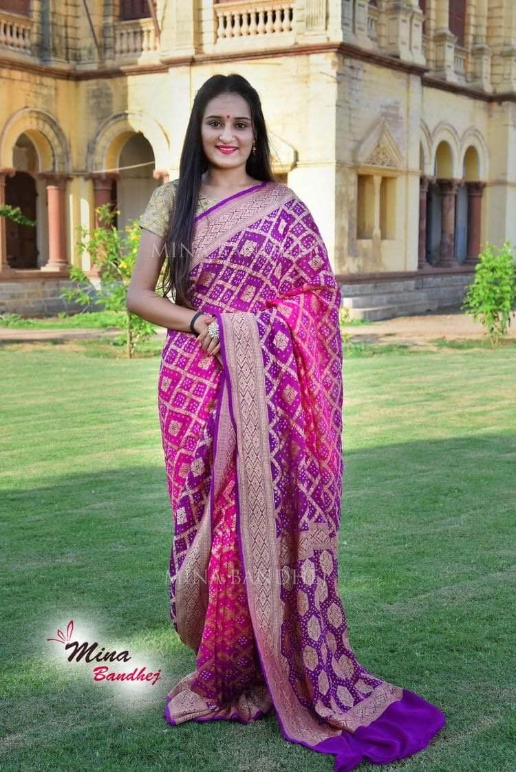 Pure Banarasi Khaddi Chiffon Georgette bandhini print Saree