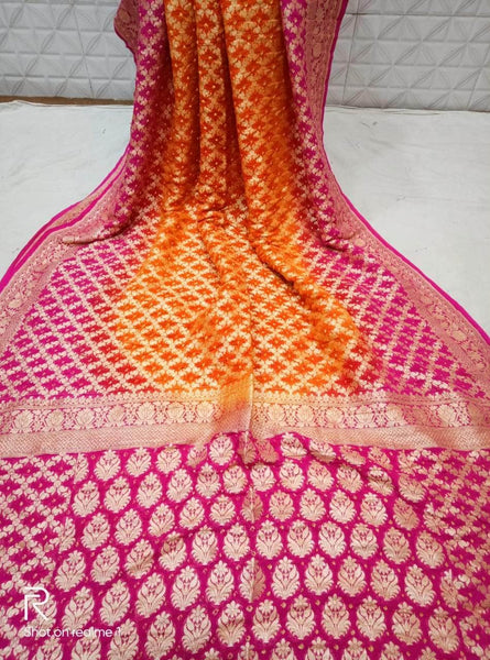 Pure Banarasi Khaddi Chiffon Georgette bandhini print Saree in - Saree - FashionVibes