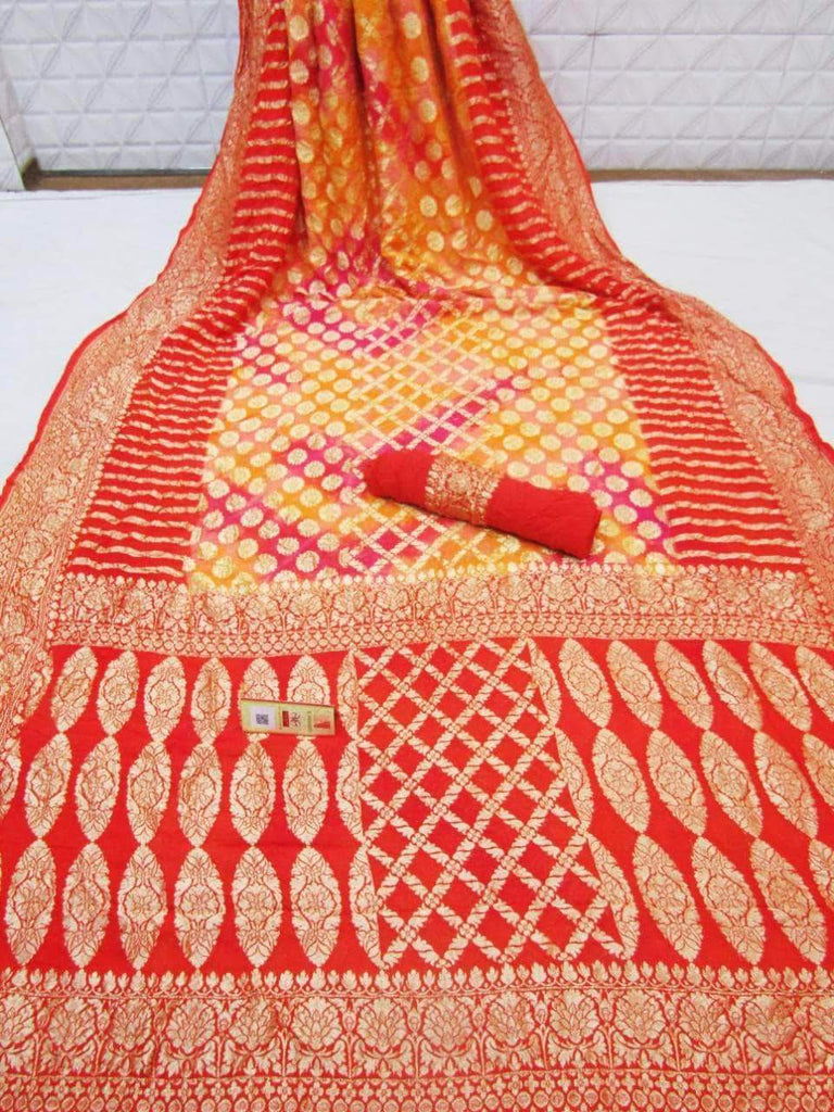 Pure Banarasi Khaddi Chiffon Georgette Silk Rainbows Dyed Saree in Crimson - Saree - FashionVibes