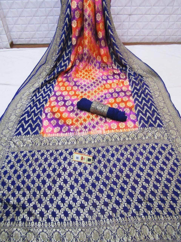 Pure Banarasi Khaddi Chiffon Georgette Silk Rainbows Dyed Saree in Navy - Saree - FashionVibes