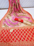 Pure Banarasi Khaddi Chiffon Georgette Silk Rainbows Dyed Saree in Red - Saree - FashionVibes