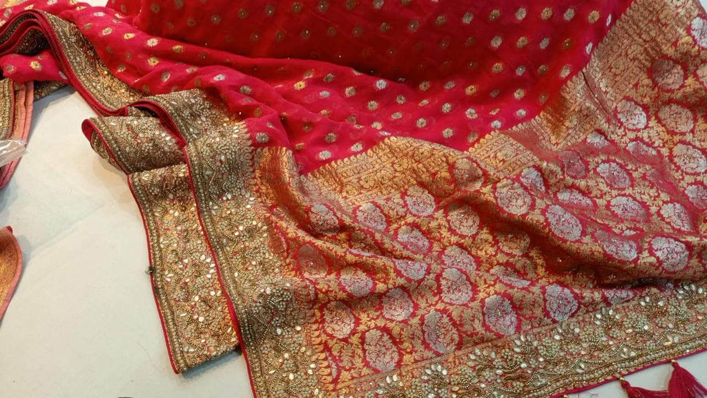 Pure Banarasi Khaddi Saree in DeepPink - Saree - FashionVibes