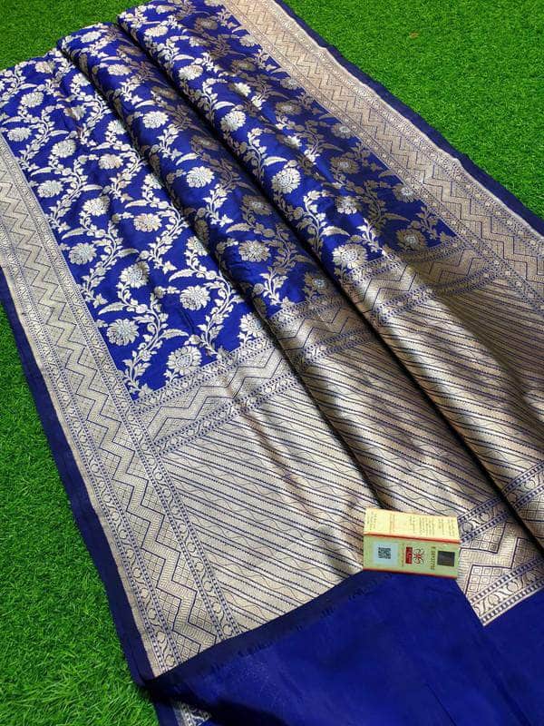 Pure Banarasi Silk Katan Jal Meenakari Saree in Blue - Saree - FashionVibes