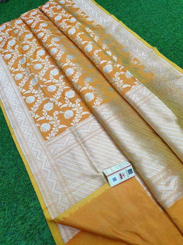 Pure Banarasi Silk Katan Jal Meenakari Saree in GoldenRod - Saree - FashionVibes
