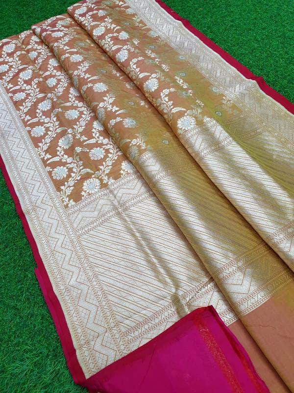 Pure Banarasi Silk Katan Jal Meenakari Saree in Khaki - Saree - FashionVibes