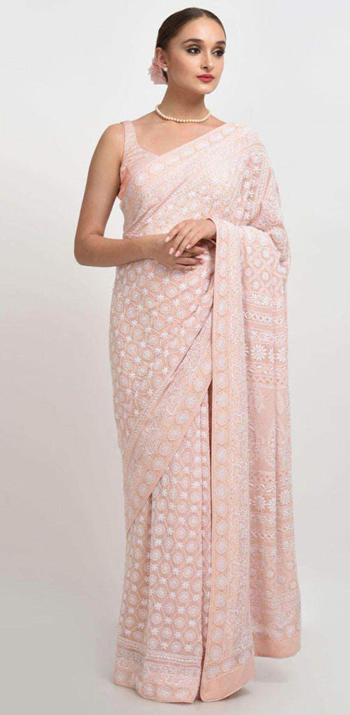 Pure Georgette Baby Pink Chikankari Sarees in - Saree - FashionVibes