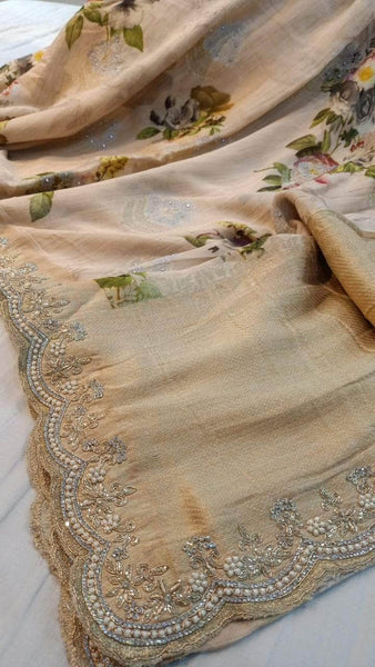 Pure Georgette Banarasi khaddi Floral Print Saree in - Saree - FashionVibes