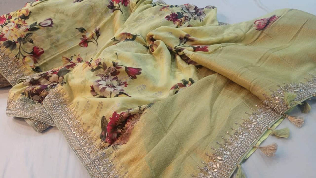 Pure Georgette Banarasi khaddi Floral Print Saree in Yellow - Saree - FashionVibes