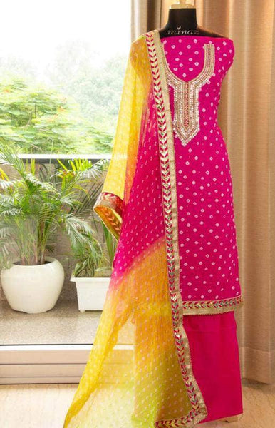 Pure Georgette Bandhini Suit in Magenta - Salwar Suit - FashionVibes