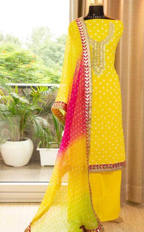 Pure Georgette Bandhini Suit in Yellow - Salwar Suit - FashionVibes