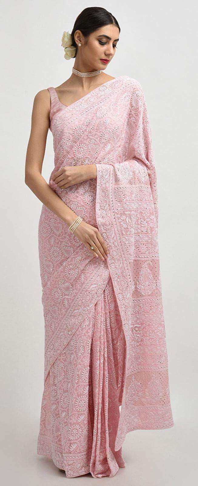 PATINE - Chikankari Sari embellished with a Parsi Gara border, paired with  a bustier blouse. . . In order to create this beautifull sari which is a  combination of Chikankari and Parsi