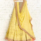 Pure Georgette Lucknowi Lehenga with Chiffon Dupatta in Yellow - Lehenga - FashionVibes