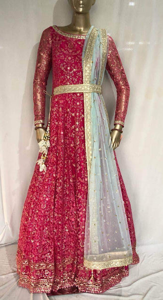 Pure Georgette Lucknowi Red Indowestern Gown in - Gowns - FashionVibes