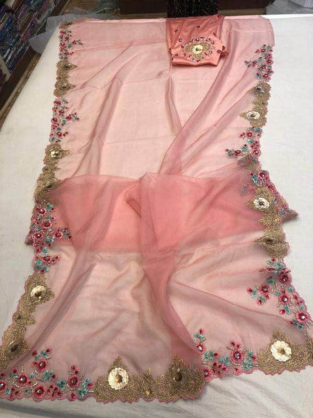 Pure Georgette Organza Saree in Pink - Saree - FashionVibes