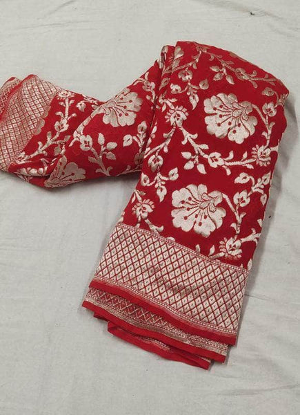Pure Handloom Banarasi Chiffon Khaddi Georgette Silk Saree in Red - Saree - FashionVibes