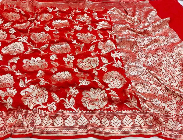 Pure Handloom Banarasi Khaddi Chiffon Georgette Silk Saree in Red - Saree - FashionVibes