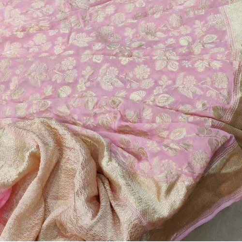Pure Handloom Banarasi Khaddi Georgette Silk Water Zari Work Saree in Pink - Saree - FashionVibes