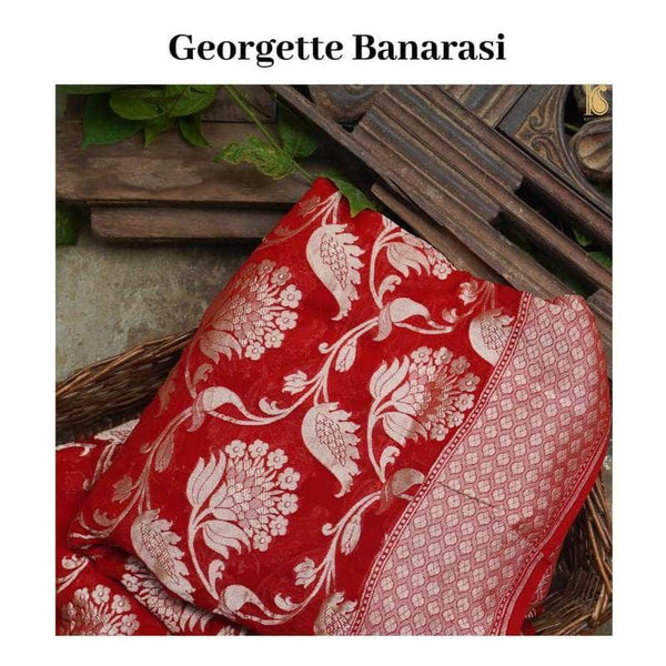 Pure Handloom Banarasi Khaddi Georgette Silk Water Zari Work Saree in Red - Saree - FashionVibes