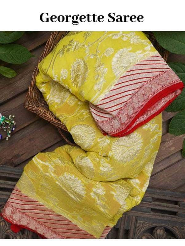 Pure Handloom Banarasi Khaddi Georgette Silk Water Zari Work Saree in Yellow - Saree - FashionVibes