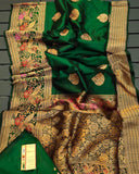 Pure Handloom Banarasi Silk Saree with meenakari work in Green - - FashionVibes
