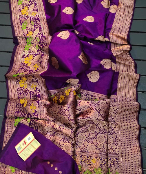 Pure Handloom Banarasi Silk Saree with meenakari work in Purple - - FashionVibes
