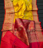 Pure Handloom Banarasi Silk Saree with meenakari work in Yellow - - FashionVibes