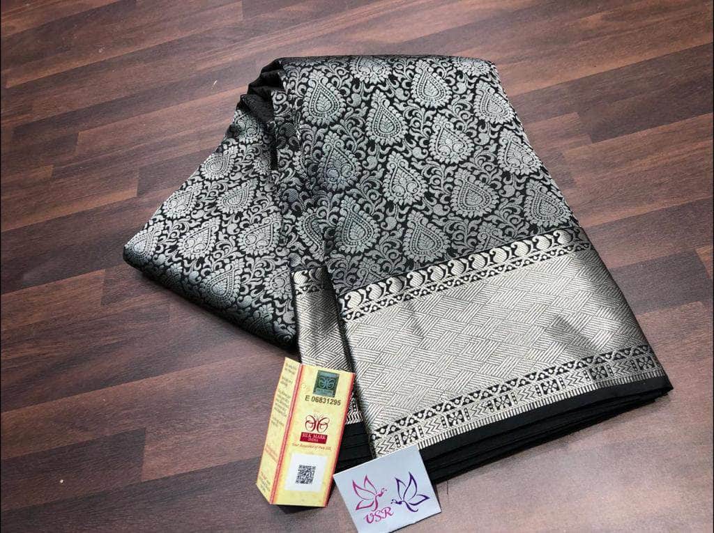 Pure Kanchipuram Silk Silver Zari Saree in Black - Saree - FashionVibes