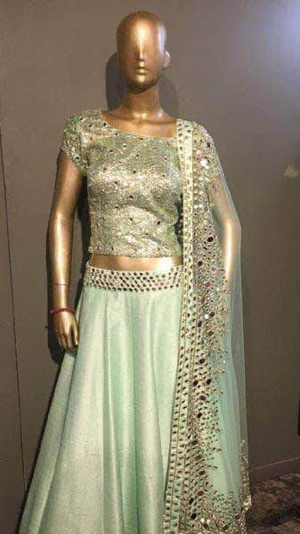 Raw Silk Pastel Green Lehenga in LightGreen - Custom Salwar suit and Lehenga - FashionVibes