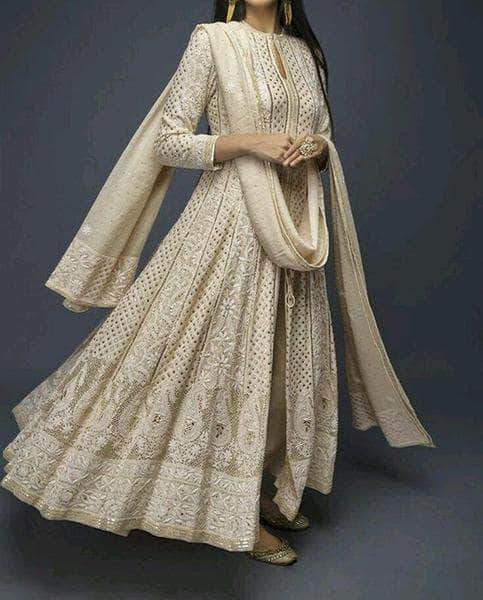 Semi stitched Chikankari Anarkali Wedding Suit in - Salwar Suit - FashionVibes