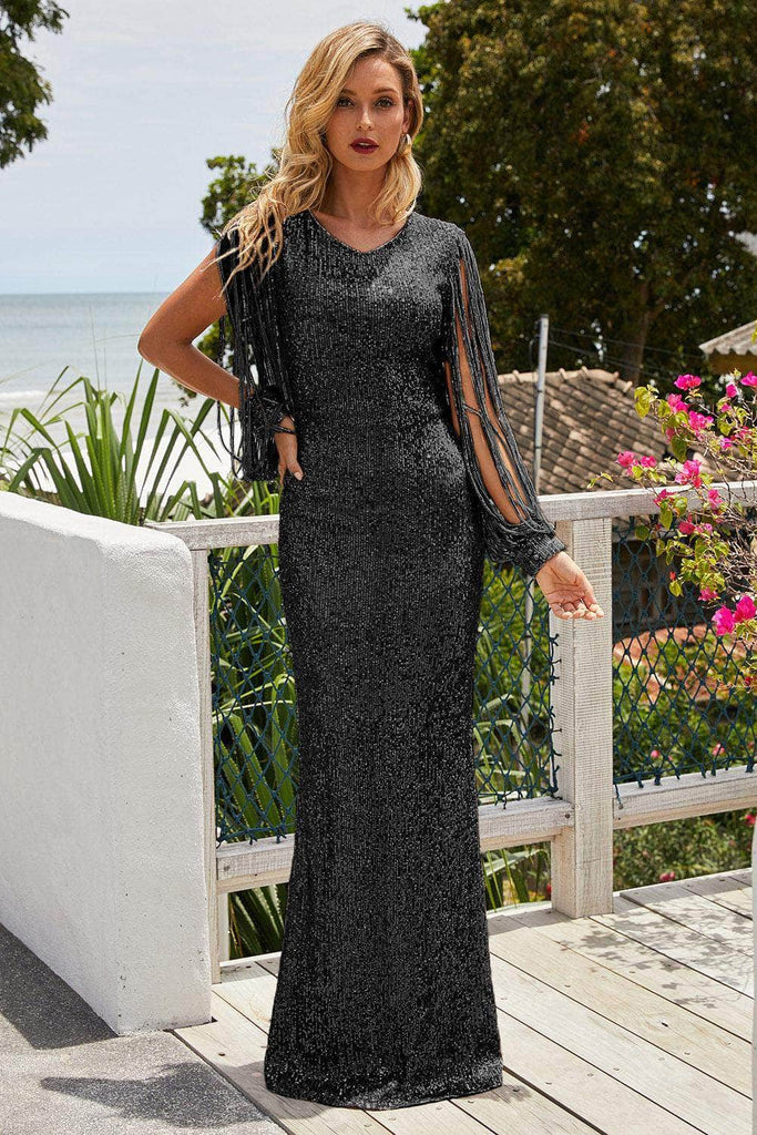 Sequin Fringe Sleeve Maxi Dress in Black / S - - Trendsi