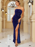Sequin Strapless Split Zip-Back Dress in Blue / XS - - Trendsi