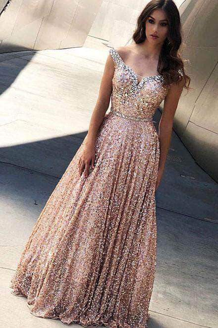 Gold Sequin Deep V Neck Shimmer Prom Dress With Appliques And Long Sleeves  From Click_me, $134.68 | DHgate.Com