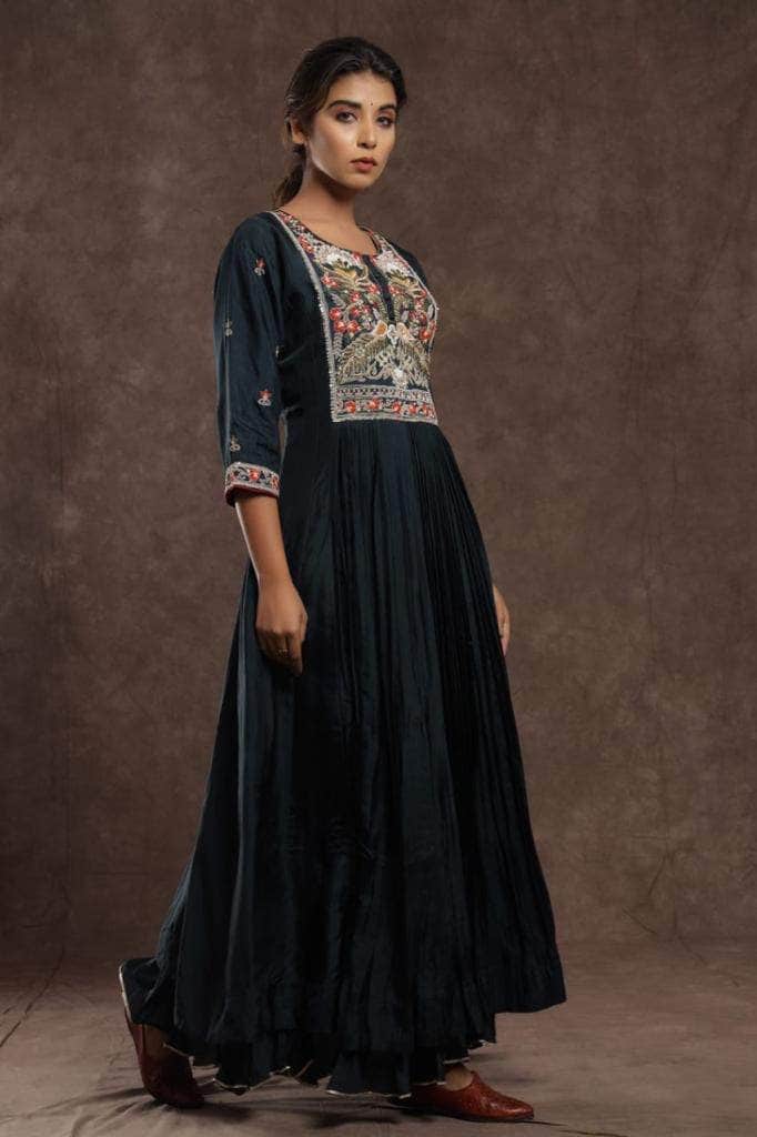 Silk Anarkali Suit with embroidery in Black - Salwar Suit - FashionVibes