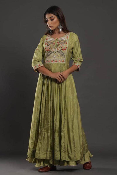 Silk Anarkali Suit with embroidery in Green - Salwar Suit - FashionVibes
