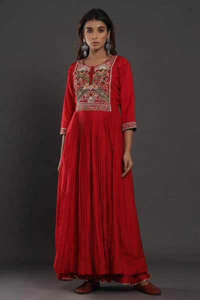 Silk Anarkali Suit with embroidery in Red - Salwar Suit - FashionVibes