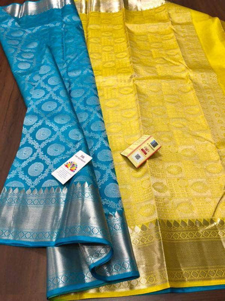 Silver Zari  Designer Kancheepuram Bridal Silk Saree in Yellow - Saree - FashionVibes
