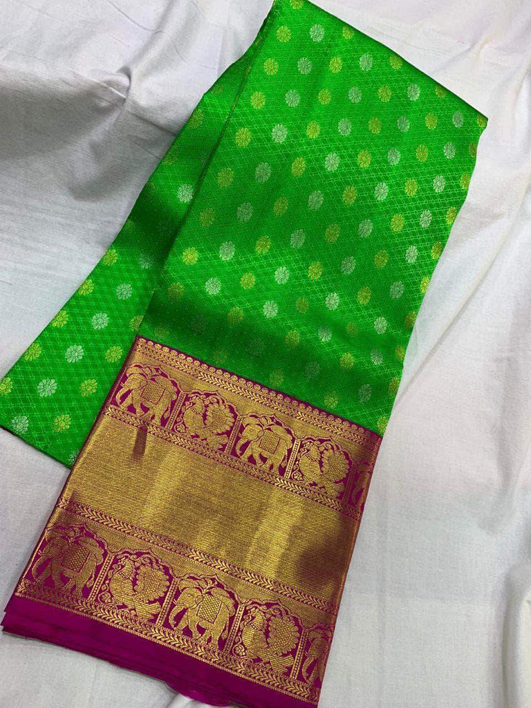 South Silk Traditional Gown with Georgette Dupatta in Green and Pink - Gowns - FashionVibes