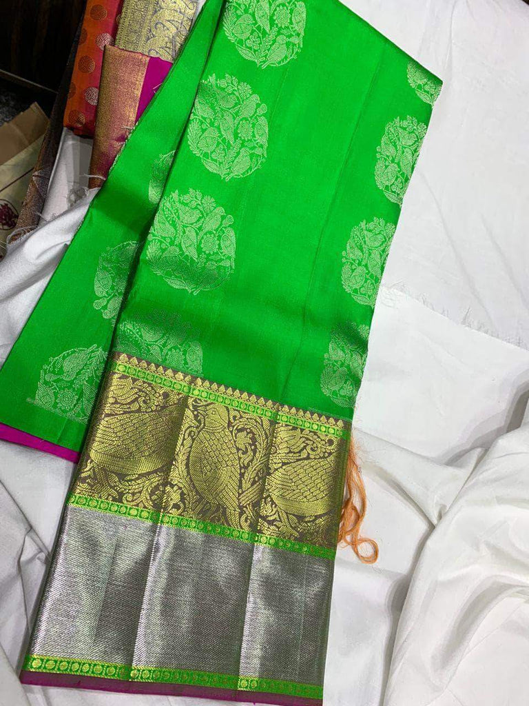 South Silk Traditional Gown with Georgette Dupatta in Green - Gowns - FashionVibes