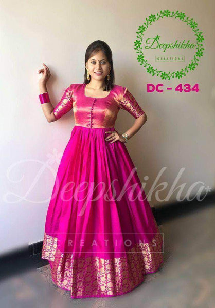 South Silk Traditional Gown with Georgette Dupatta in Magenta - Gowns - FashionVibes