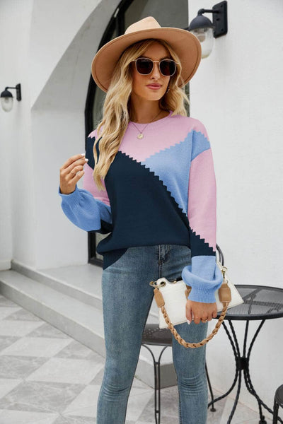 Tricolor Color Block Round Neck Ribbed Trim Sweater in Navy / S - - Trendsi