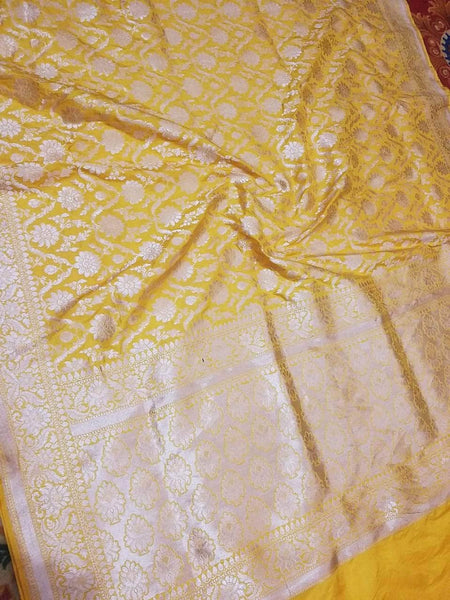 Wedding Saree India - Banarasi  Silk Saree with exquisite border in Yellow Light - Saree - FashionVibes